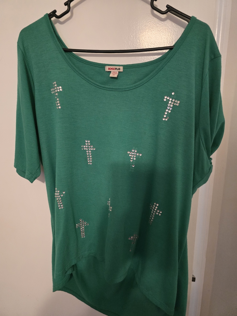 BONGO Green Short Sleeve Top with Rhinestone Crosses